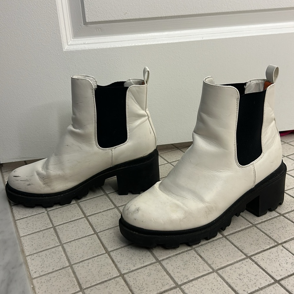 French Connection - White Vegan Leather - chunky heeled bootie for fall & winter